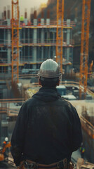 Fototapeta na wymiar Back view of a construction engineer at work surveying the dynamic site ahead embodying the essence of progress