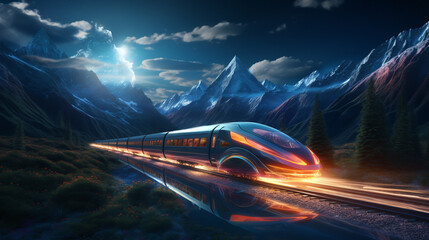 High-speed freight train moving through a mountainous landscape 3d render. Futuristic transportation with innovation technology.