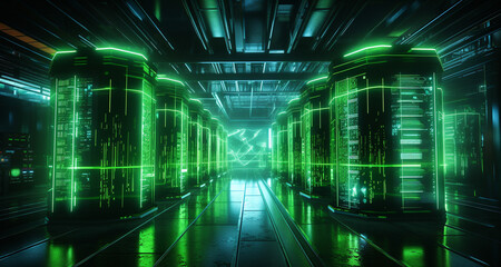 Green energy data center coexistence in neon light 3d render. Futuristic innovation technology with global business concept.