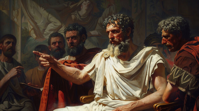 An evocative scene of Epictetus teaching a masterful blend of Stoicism and art inspiring through the ages