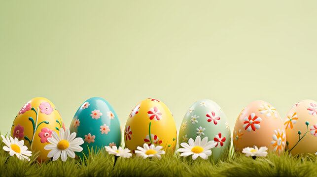 Easter themed banner with pastel colored eggs among spring plants