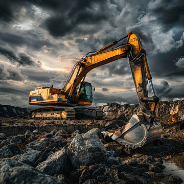 Dynamic scene of an excavator at work its powerful arm orchestrating the rhythm of the construction site