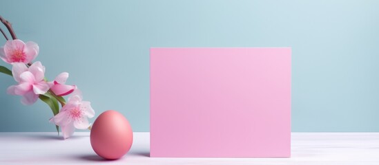 A pink Easter egg rests beside a magenta card on a table, creating a vibrant display of colors. The electric blue font on the card contrasts beautifully with the soft pink hues