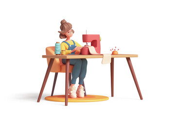 Cute kawaii smiling brunette funny casual asian girl in yellow t-shirt, blue overalls sits on an orange chair at table, sews clothes on red sewing machine works at home. 3d render isolated transparent