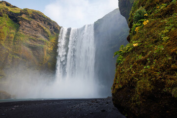 Impressive Skogafoss waterfall in southern Iceland. Travel attractions and landmarks concepts.
