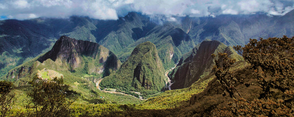 A panoramic view of the very famous Machu Picchu, the 15 th century Inca citadel located in the...