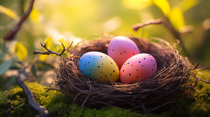 Obraz premium Easter themed banner with pastel colored eggs among spring plants