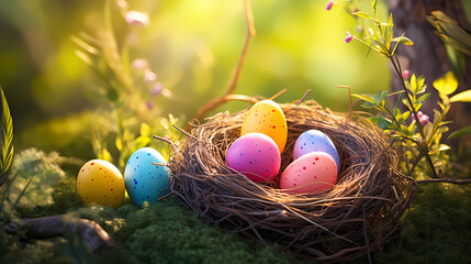 Obraz premium Easter themed banner with pastel colored eggs among spring plants