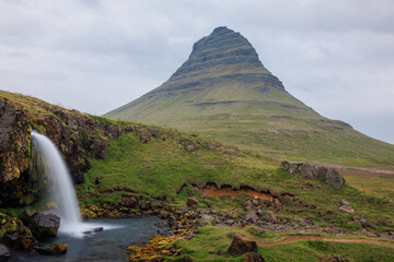 Kirkjufell, a church mountain, is the most photographed mountain in Iceland, with a unique shape and fantastic landscape