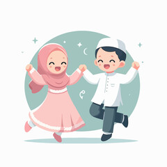 Islamic cartoon Muslim children are happy to welcome the month of Ramadan
