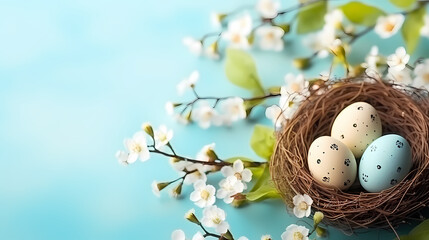 Fototapeta premium Easter themed banner with pastel colored eggs among spring plants