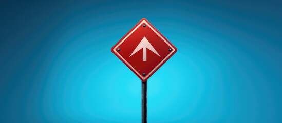 An electric blue sign featuring a red triangle pointing upwards on a azure background exuding symmetry and art. The logo showcases a symbol with a unique font and pattern