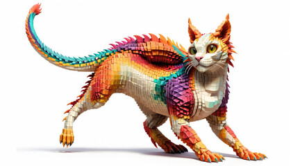 Bright Multicolored Isolated Cat Dragon on White Background. Illustration