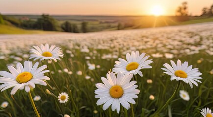 daisies at sunset, with a mix of bright yellow and white flowers. The sun is setting in the background, casting a warm glow over the scene.