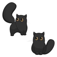 Cute cats drawing isolated. Two black cats on white background. Template for children.
