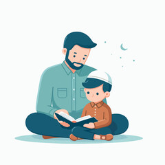 Islamic cartoon illustration of father teaching son to learn religion