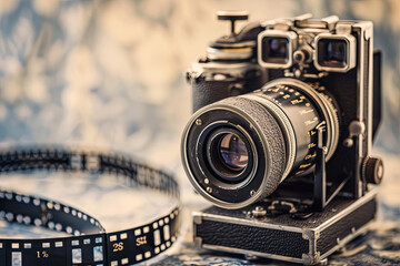 Vintage movie camera and film - obrazy, fototapety, plakaty
