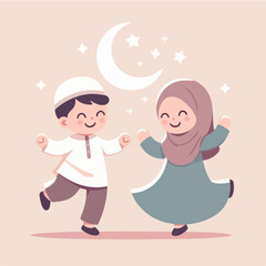 flat design illustration of Muslim children excited to celebrate the month of Ramadan