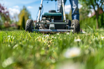 Fototapeta premium Senior man mowing the lawn in the garden