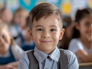 Cheerful young boy smiling in school environment, classmates blurred in the background.