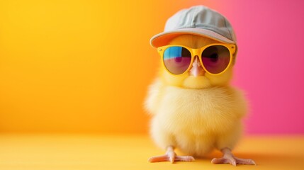 cute young fluffy Easter chick baby with cap and sunglasses