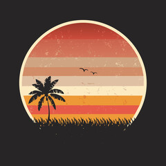 graphics vintage of the setting sun with a palm tree - obrazy, fototapety, plakaty