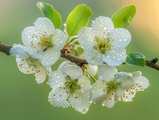 A branch of pear blossoms, close - up, light green background, a small amount of dew, soft sunlight