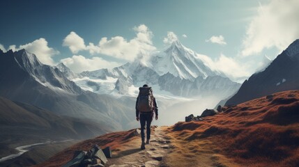 Fototapeta premium Adventurous man is standing on top of the mountain and enjoying the beautiful view during a vibrant sunset. Taken on top of Peak