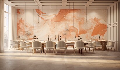 3d american style dining hall with a marble wall
