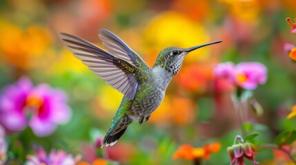 Close-up of a hummingbird in flight vibrant feathers