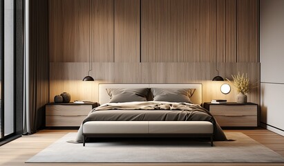3d render of contemporary bedroom set with wooden floors