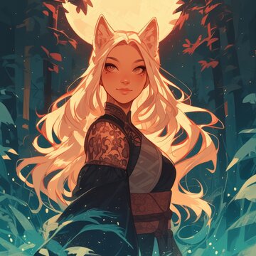 Enchanted Kitsune Girl in a moonlit forest foxfire illuminating her path