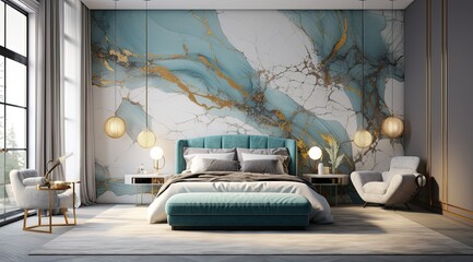 3d rendering of a bedroom with blue and gray walls - obrazy, fototapety, plakaty