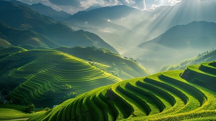 Fototapeta premium The ethereal beauty of Terraced fields landscape in lines, an enchanting wonderland of Vietnam, China, Thailand