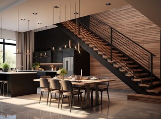 3d rendering of a residential kitchen with stairs