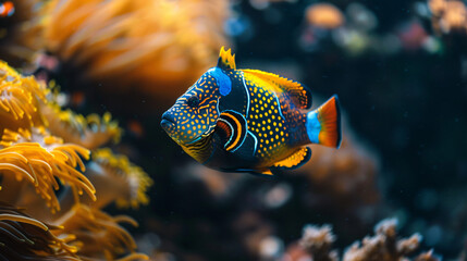 Fototapeta na wymiar Clown trigger fish is swimming near coral reef
