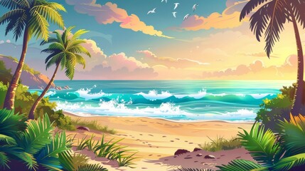 The beach on a summer island in the sea is adorned with exotic palm trees, lianas, and green grass, ocean waves washing the shore, and birds flying in the sunset sky.