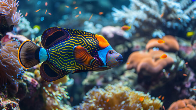 Clown trigger fish is swimming near coral reef