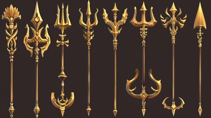 The golden trident of Poseidon, the god of the sea, used to design UI level rank graphics for video games. Cartoon modern illustration set of fantasy metallic spear with pitchfork in various stages - obrazy, fototapety, plakaty