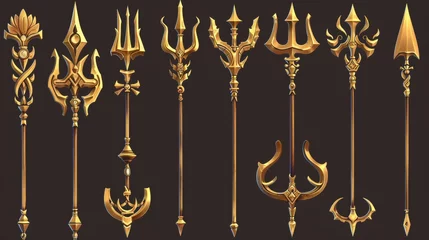 Foto op Plexiglas The golden trident of Poseidon, the god of the sea, used to design UI level rank graphics for video games. Cartoon modern illustration set of fantasy metallic spear with pitchfork in various stages © Mark