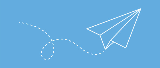 Continuous one line drawing of flying up paper plane. Creative business concept for startup and freedom and travel of craft airplane in simple linear style with blue background.