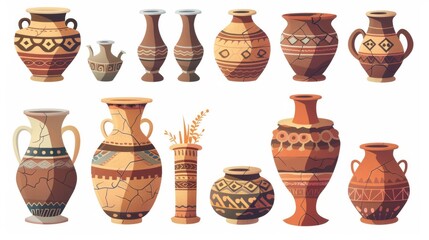 Ceramic handicraft crockery with cracks decorated with traditional patterns. Greek historical earthenware artifacts. Cartoon modern illustration. - obrazy, fototapety, plakaty