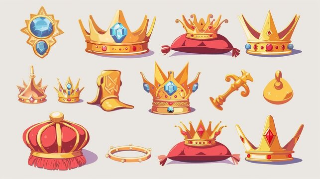 The golden king and queen crown and ring with gemstones and red pillow are cartoon modern illustrations of medieval precious royal jewelry. The icons of gold treasure and ancient kingdom inventory
