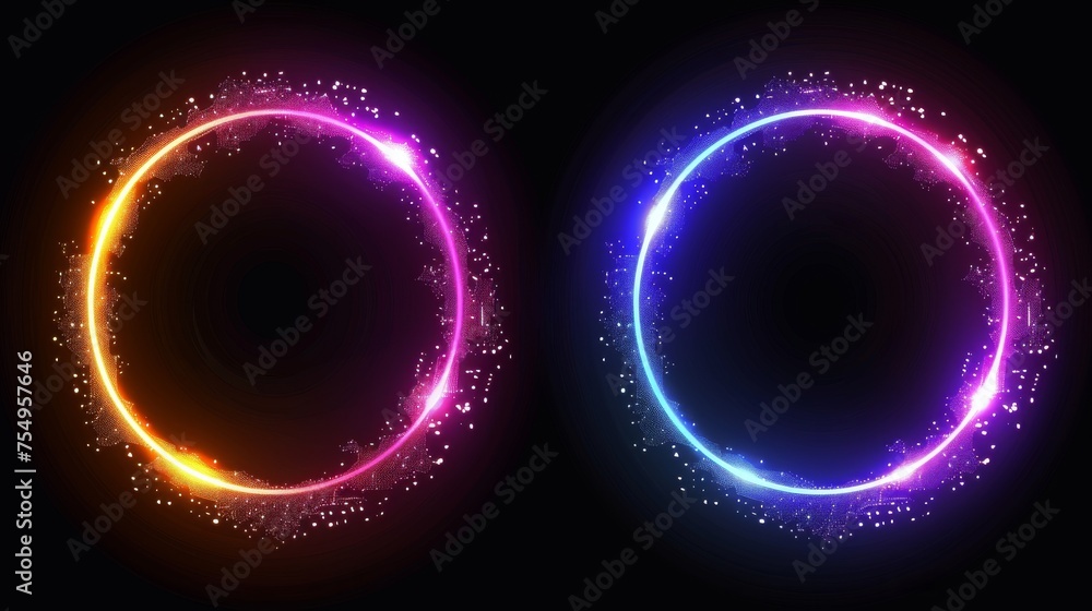 Poster a neon glowing circle frame with glitch effect on a black background. a realistic modern illustratio