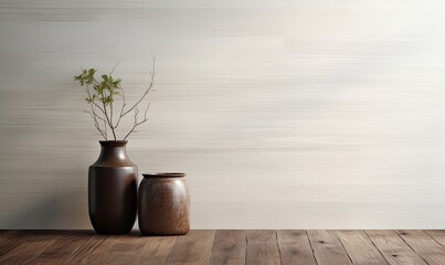 A blank wall contains wooden planks and a vase