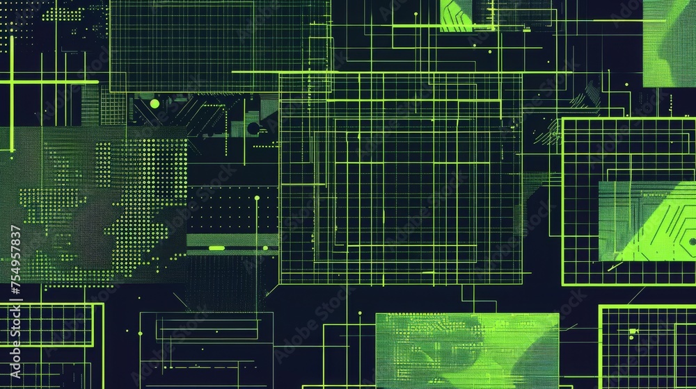 Poster design template in trendy y2k style with simple abstract grid shapes and patterns on acid neon green