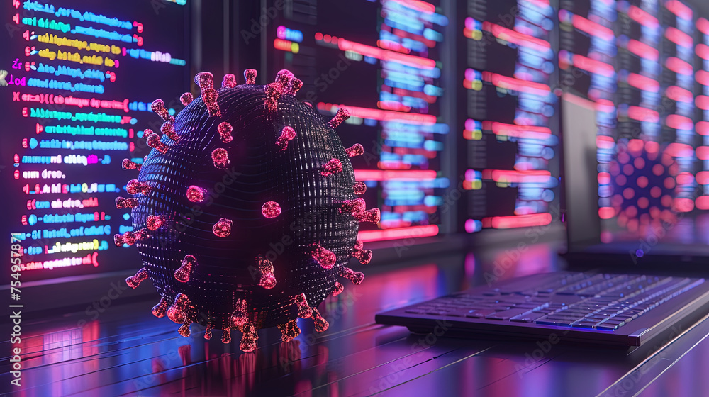 Poster digital representation of coronavirus adjacent to open laptop, with screens displaying colorful prog