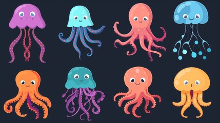 An adorable, childish swimming collection of tropical marine animals with funny faces including an octopus and jellyfish.