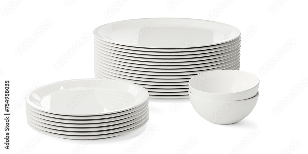 Poster stack of large empty white porcelain plates with a stack of small plates and stacked white bowls ove