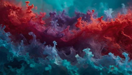 Selbstklebende Fototapete Boho-Stil Brilliant teal, crimson, and periwinkle gradients creating a lively abstract background.